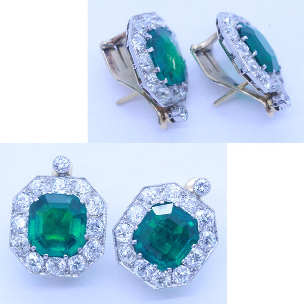 Antique Earrings Earclips Gold Platinum Emeralds Diamonds w Appraisal (6947)