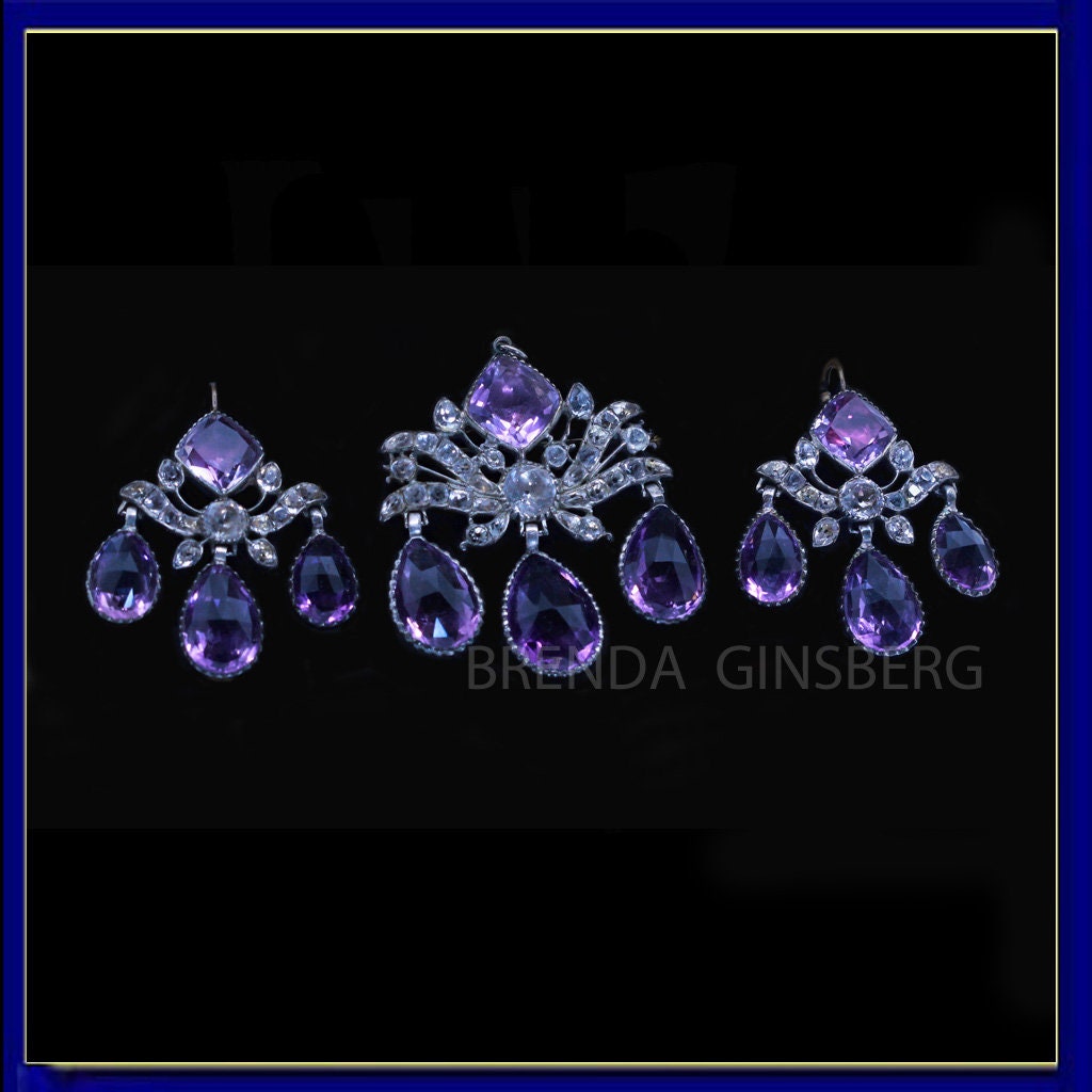 Georgian Earrings Brooch Pendant Set Amethyst Rock Crystal Silver Gold (6954)