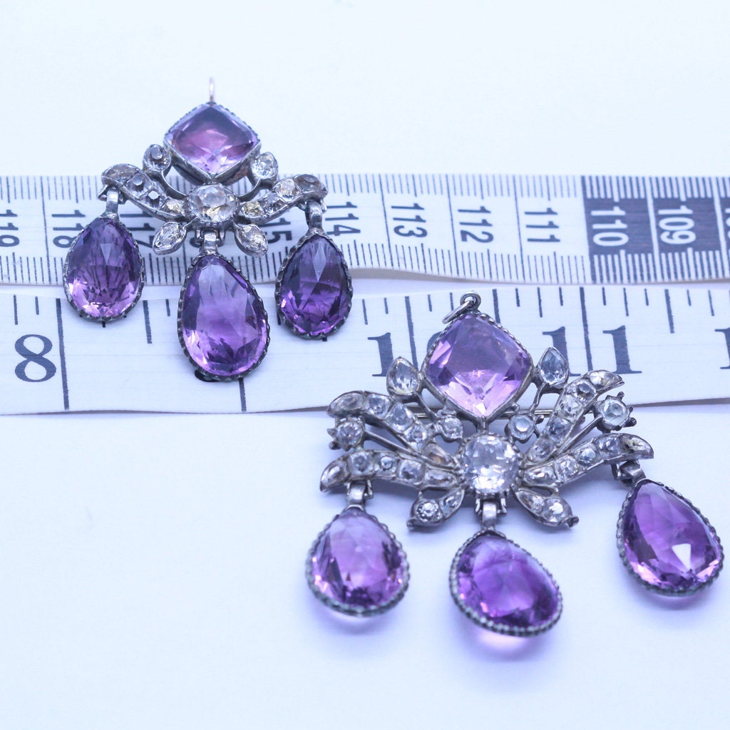 Georgian Earrings Brooch Pendant Set Amethyst Rock Crystal Silver Gold (6954)