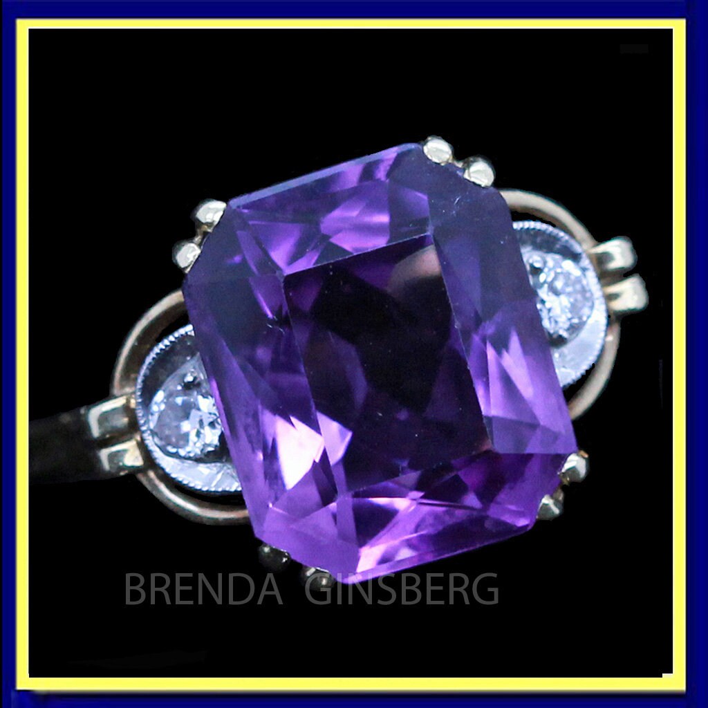 Antique Art Deco Ring 14k Gold Platinum Amethyst Diamonds w Appraisal (6965)