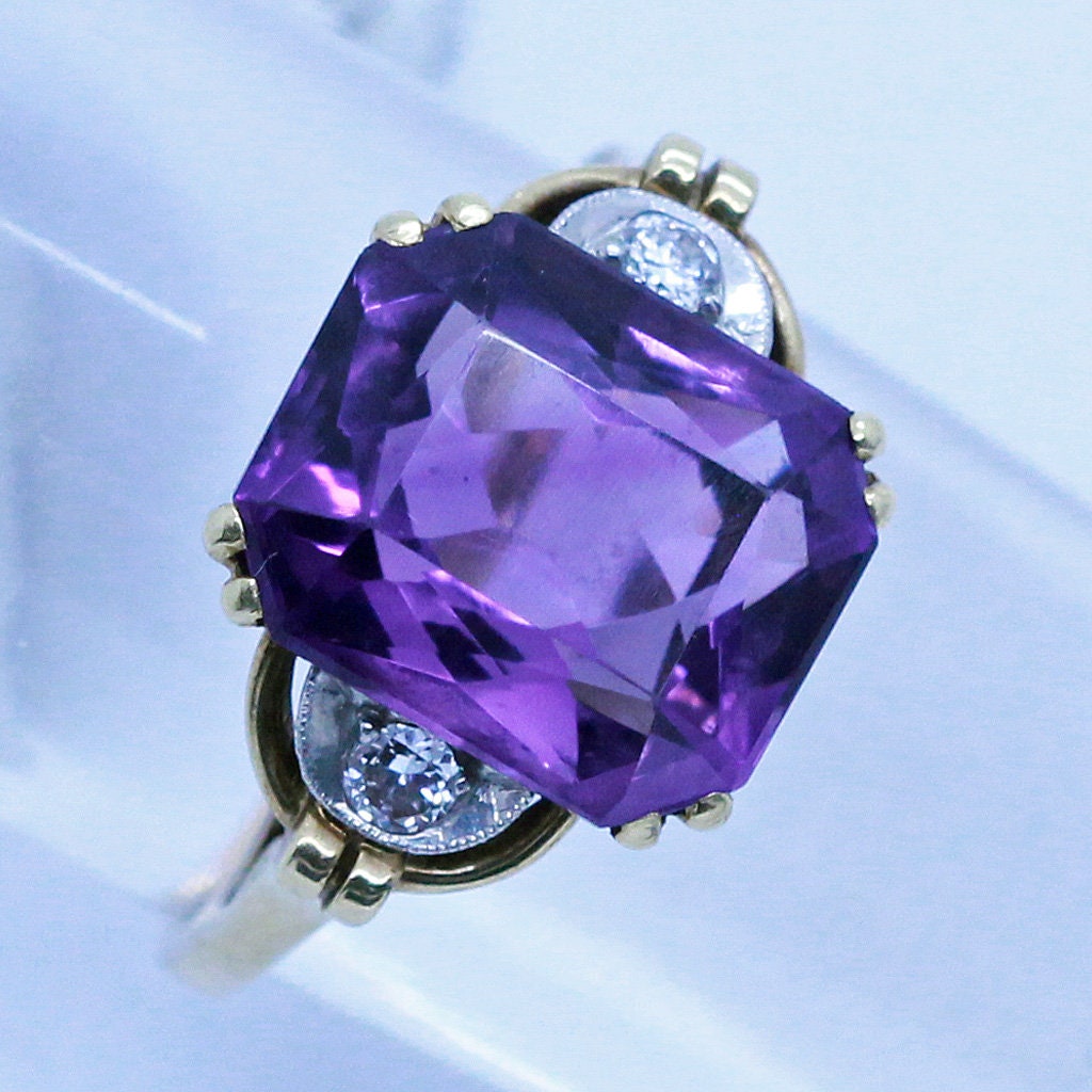 Antique Art Deco Ring 14k Gold Platinum Amethyst Diamonds w Appraisal (6965)