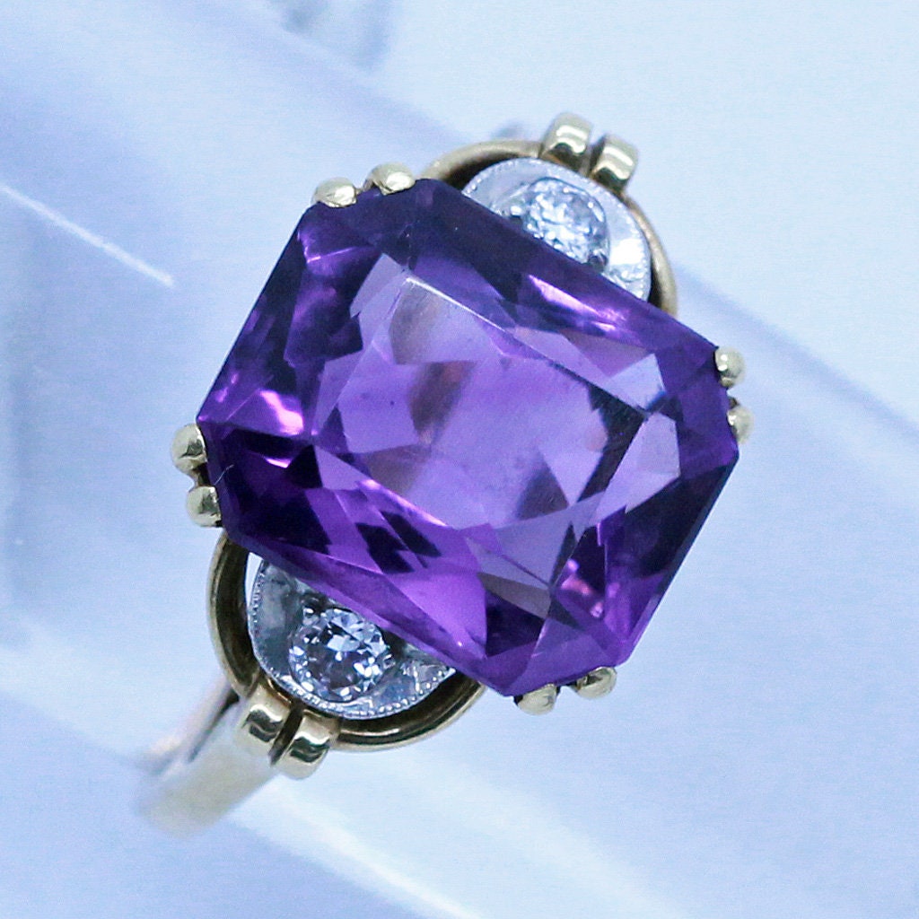 Antique Art Deco Ring 14k Gold Platinum Amethyst Diamonds w Appraisal (6965)