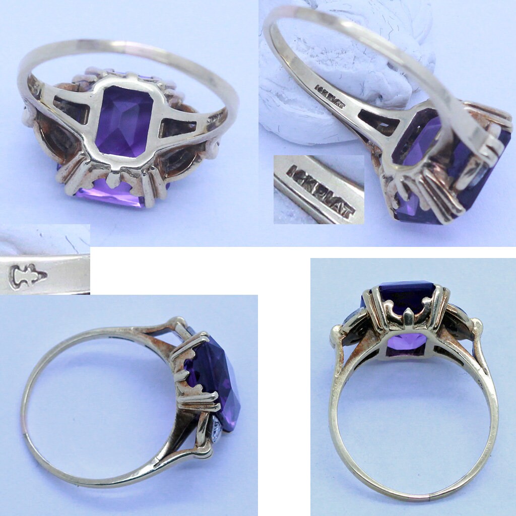 Antique Art Deco Ring 14k Gold Platinum Amethyst Diamonds w Appraisal (6965)