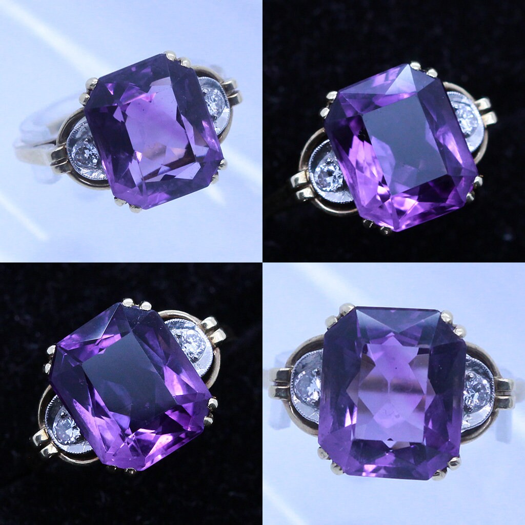 Antique Art Deco Ring 14k Gold Platinum Amethyst Diamonds w Appraisal (6965)