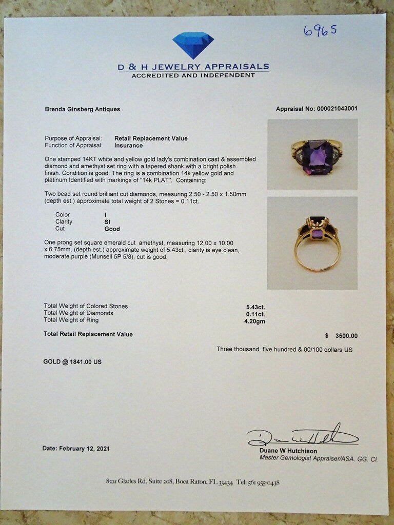 Antique Art Deco Ring 14k Gold Platinum Amethyst Diamonds w Appraisal (6965)