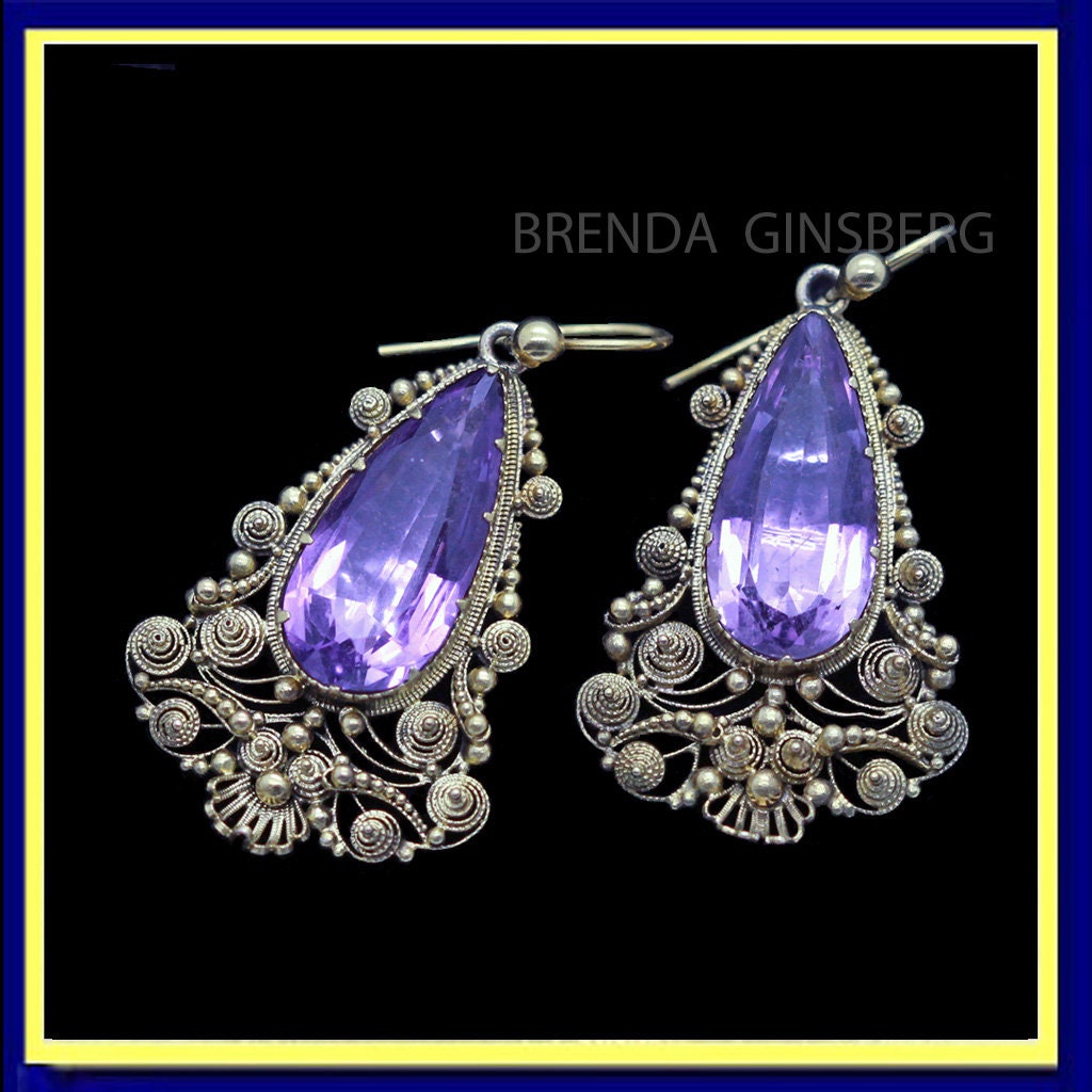 Antique Georgian Earrings Gold Amethysts Cannetille Ear Pendants English(6958)