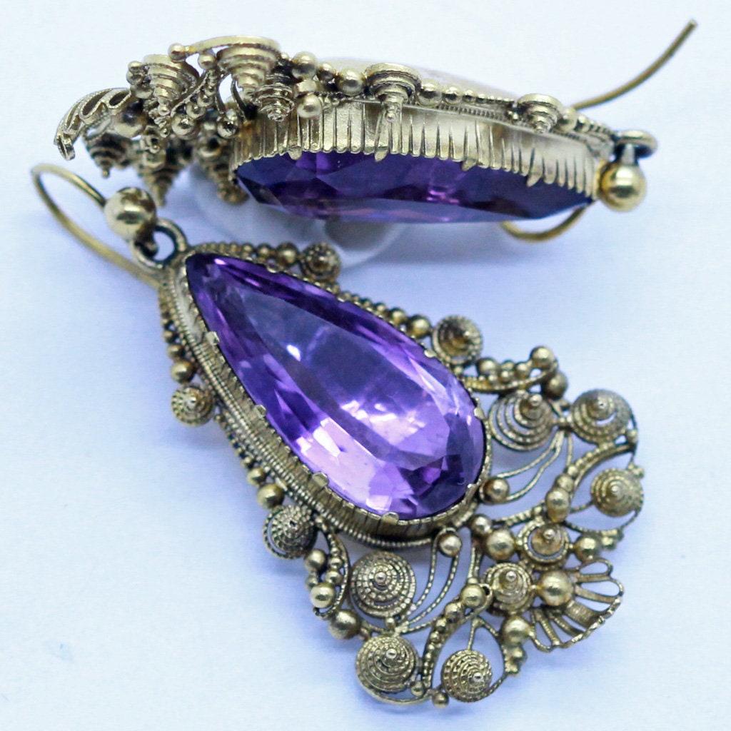 Antique Georgian Earrings Gold Amethysts Cannetille Ear Pendants English(6958)