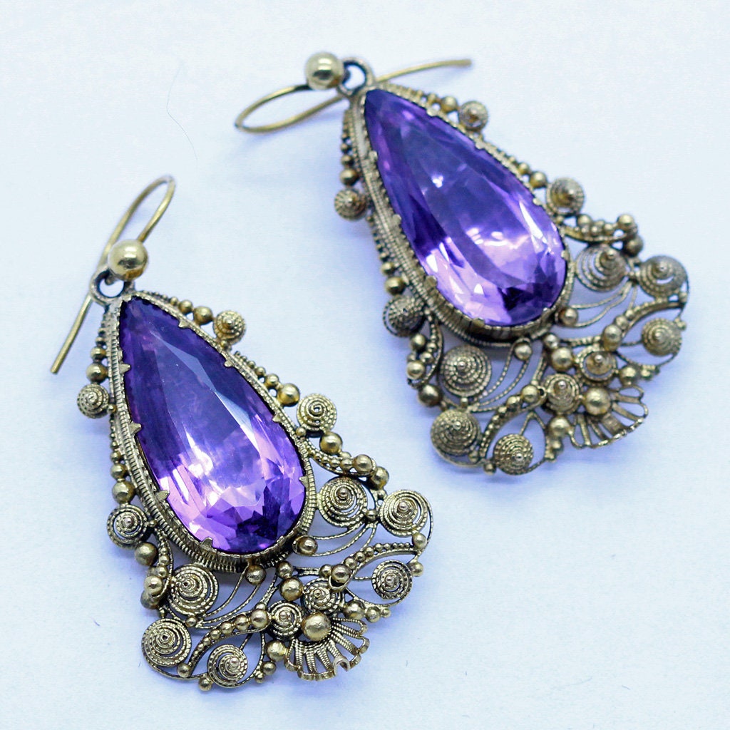 Antique Georgian Earrings Gold Amethysts Cannetille Ear Pendants English(6958)