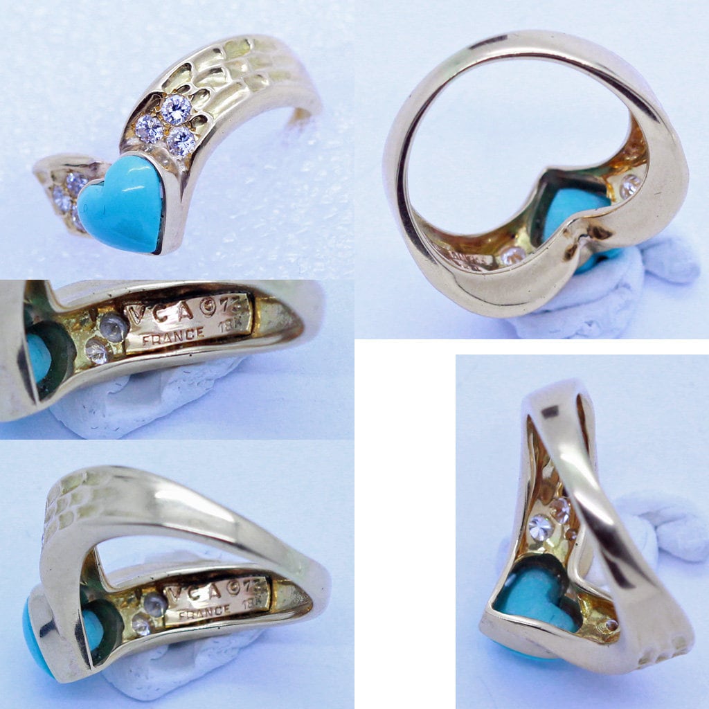 Vintage Van Cleef & Arpels VCA France Ring Gold Diamonds Turquoise Heart (6968)