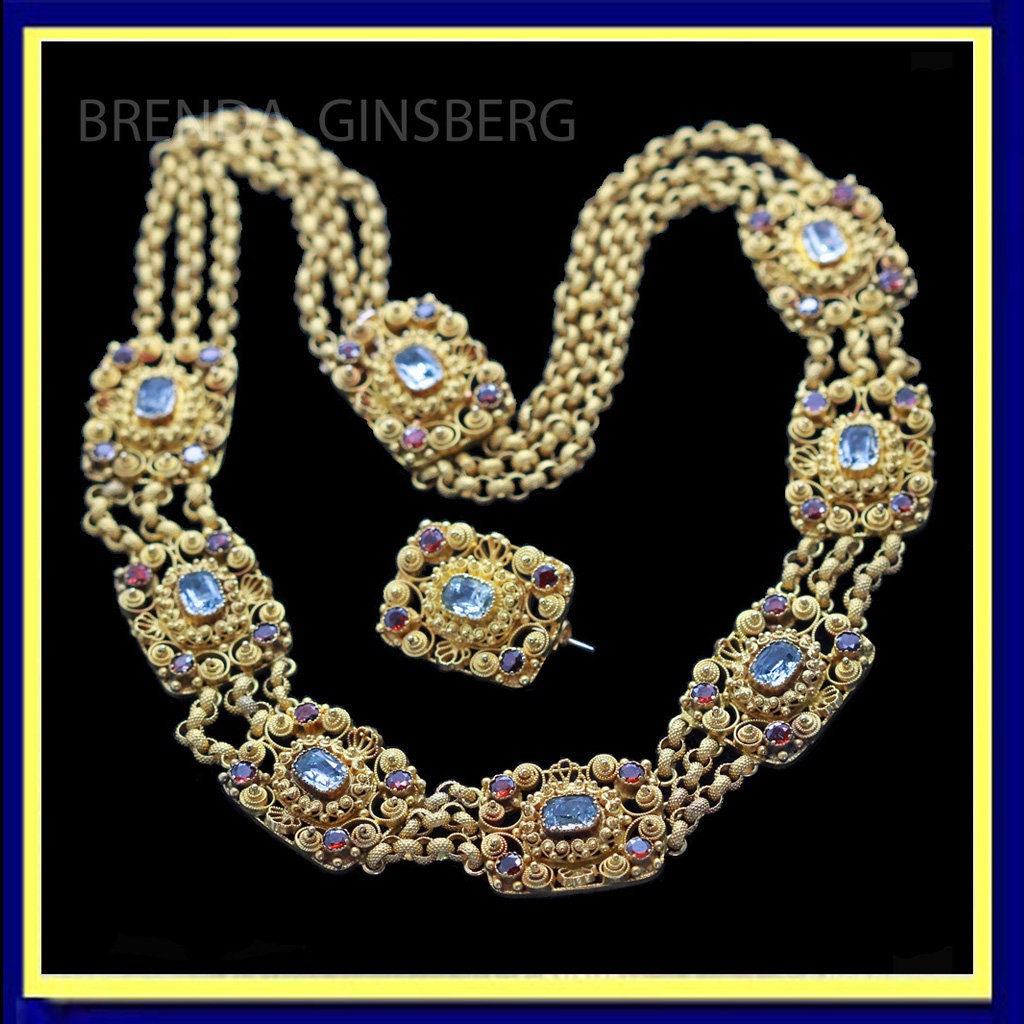 Antique Georgian cannetille necklace brooch set 22k gold aquamarine garnet (6959