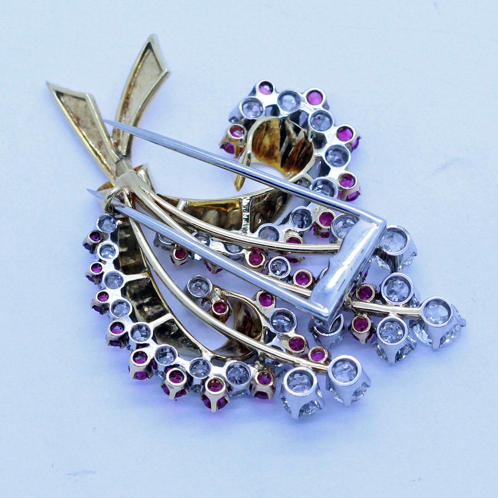 Vintage Retro Brooch Clip 18k Gold Diamonds Rubies Appraisal Flowers Unisex(6973)
