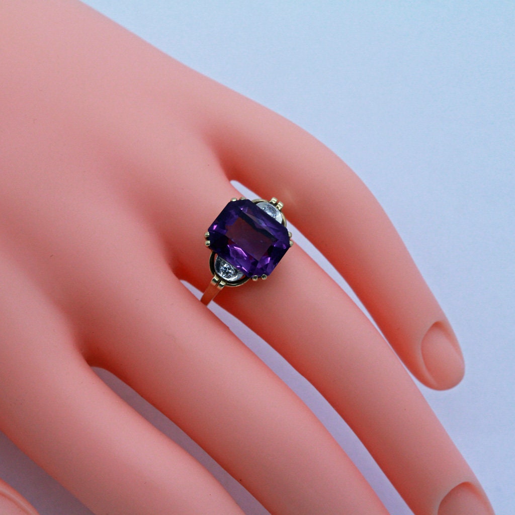 Antique Art Deco Ring 14k Gold Platinum Amethyst Diamonds w Appraisal (6965)