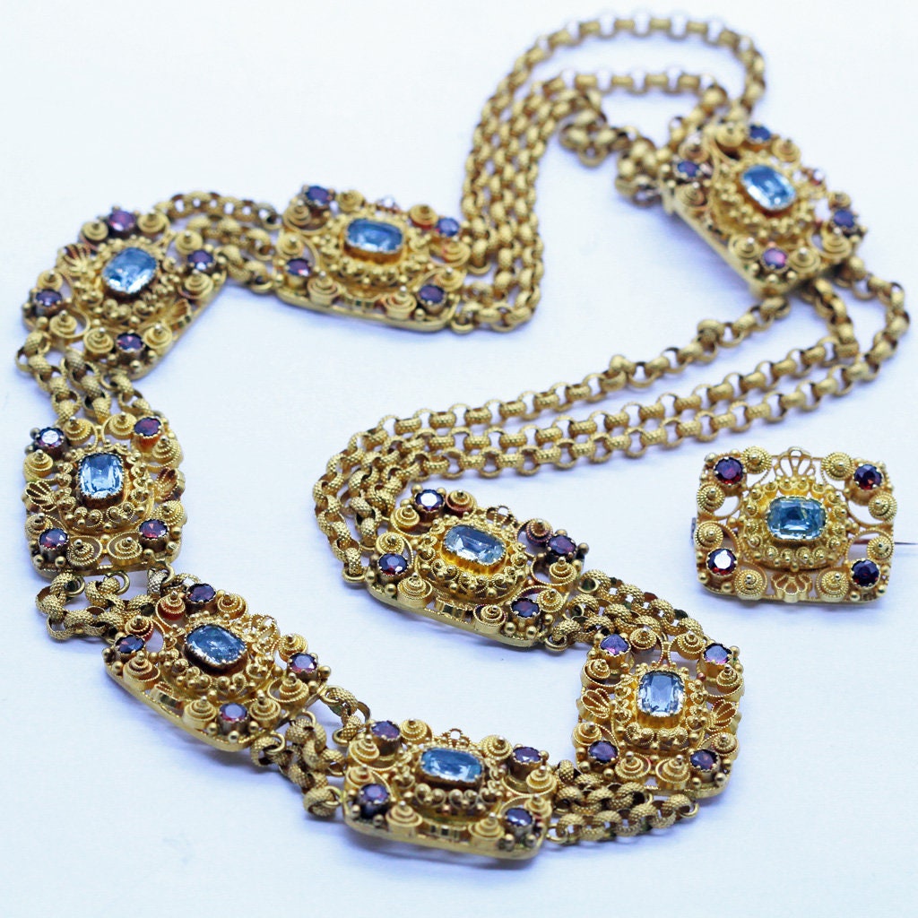 Antique Georgian Set Necklace Brooch 22k Gold Aquamarine Garnet w Appraisal(6959)