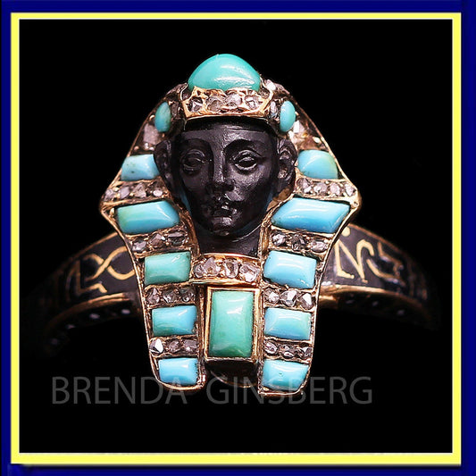 Victorian Ring Egyptian Revival Pharaoh Gold Diamonds Turquoise Enamel Onyx(5872)