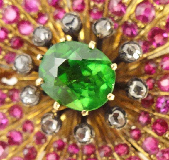 Antique Brooch Gold Demantoid Garnet Ruby Sapphire Diamond Pearl Unisex (5293)