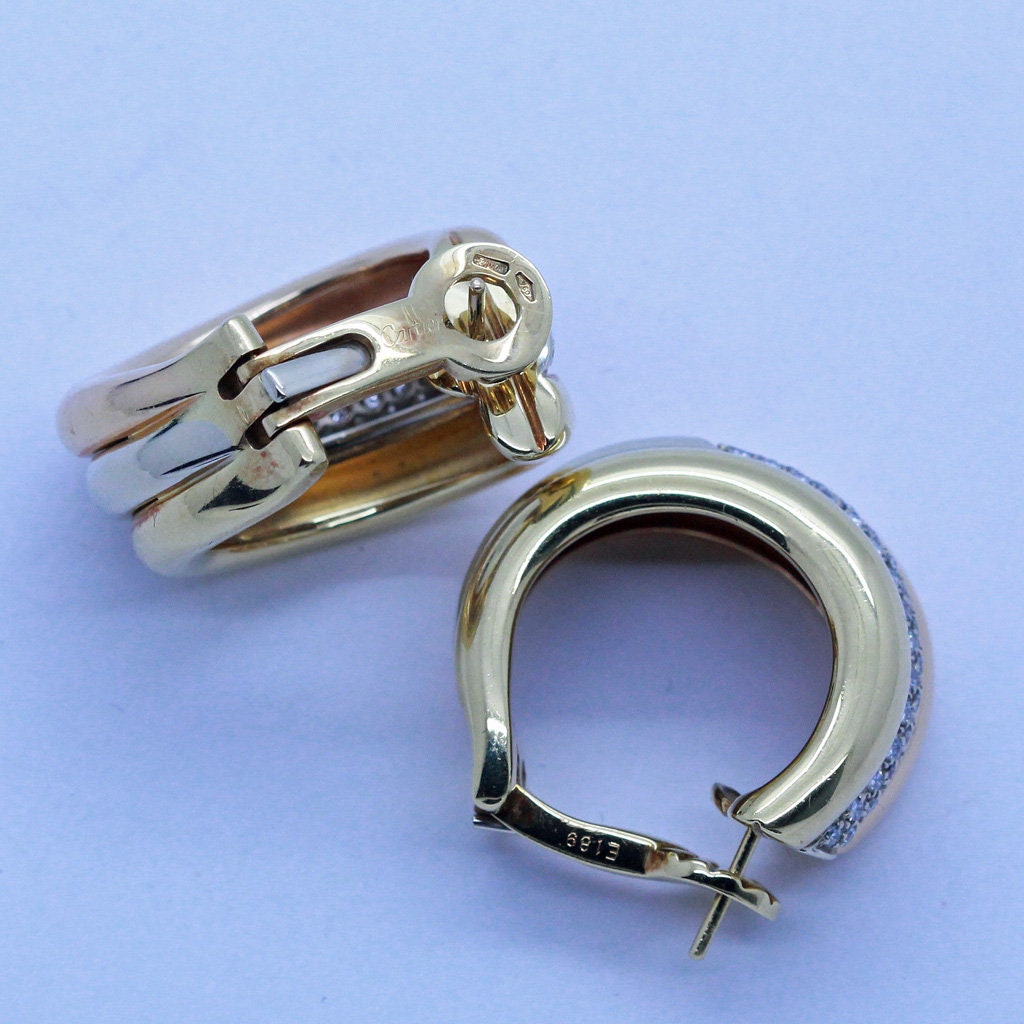 Cartier Vintage Earrings Diamonds 18k Yellow White Red Gold Triple Hoops (6976)