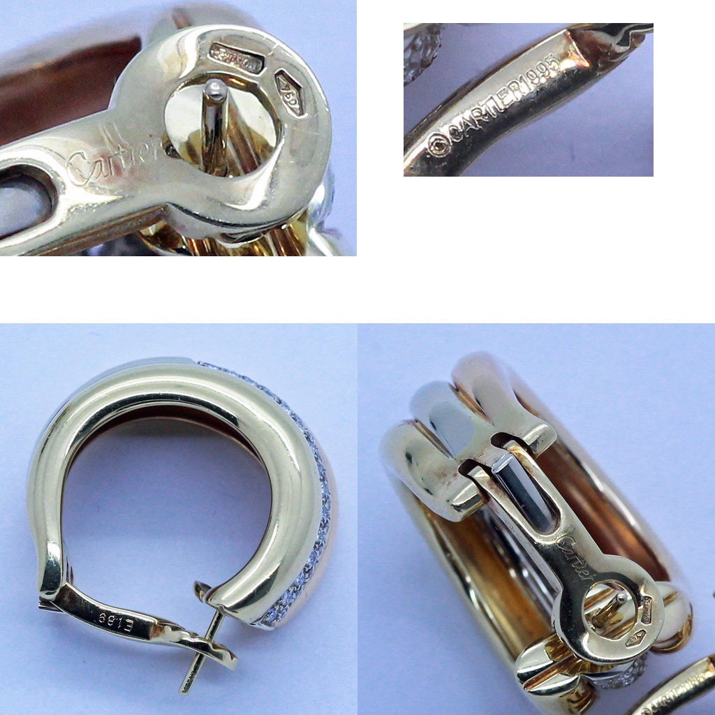 Cartier Vintage Earrings Diamonds 18k Yellow White Red Gold Triple Hoops (6976)