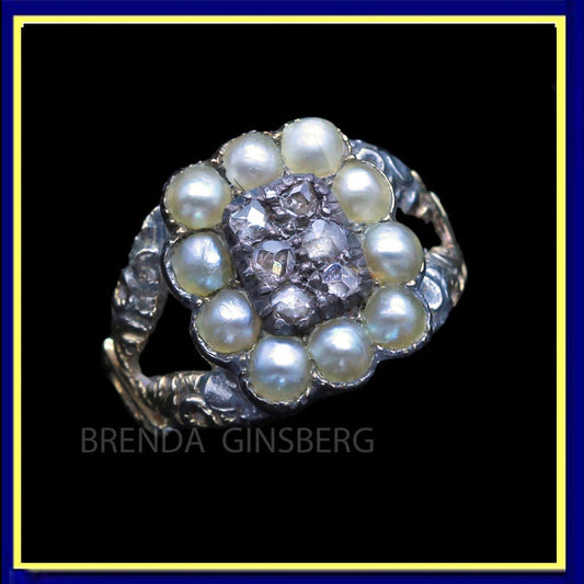 Antique Georgian Ring 15k Gold Diamonds Pearls Unisex Man Woman (6665)