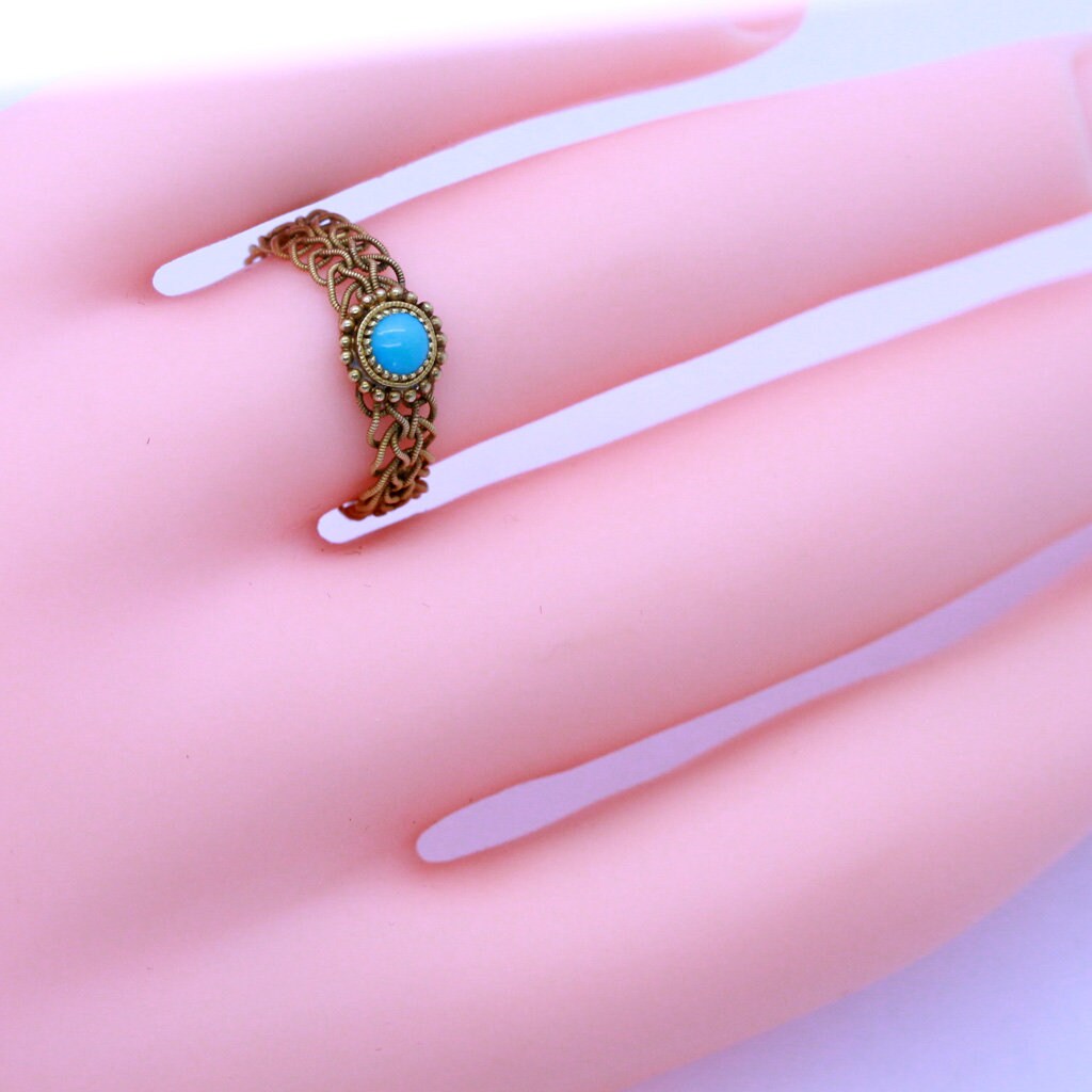 Antique Georgian Ring 18k Gold Turquoise Romantic Rare Form Granules Flower(6982)