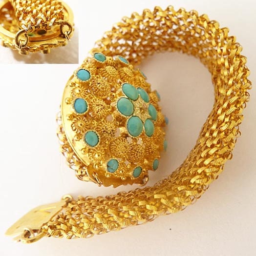 Antique Georgian Jewelry Set Gold Cannetille Turquoise Earrings Cross (5432)