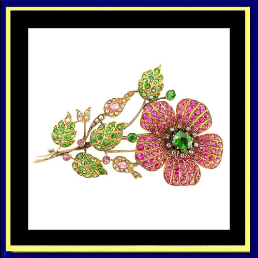 Antique Brooch Gold Demantoid Garnet Ruby Sapphire Diamond Pearl Unisex (5293)
