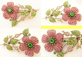 Antique Brooch Gold Demantoid Garnets Rubies Sapphires Diamonds Pearls 