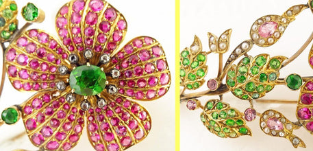Antique Brooch Gold Demantoid Garnets Rubies Sapphires Diamonds Pearls (5293)