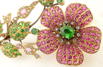Antique Brooch Gold Demantoid Garnets Rubies Sapphires Diamonds Pearls (5293)