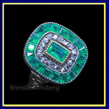 Antique Edwardian Ring Emeralds Diamonds 14k Chased Gold w Certificate (6117)