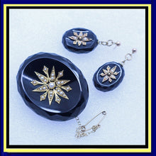 Antique Victorian Earrings Brooch Mourning Set Jewelry Gold Onyx Pearls (6974)