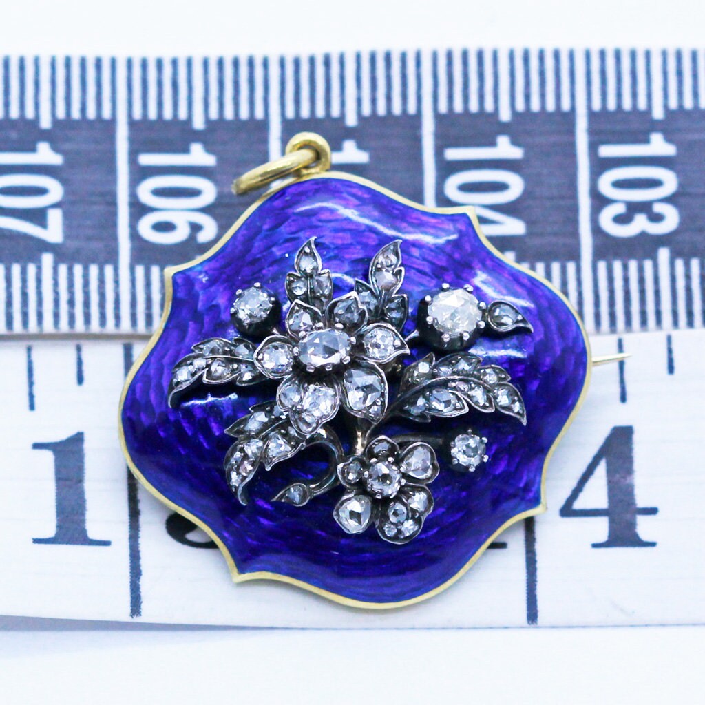 Antique Georgian Victorian Brooch Pendant 18k Gold Diamonds Blue Enamel (6987)