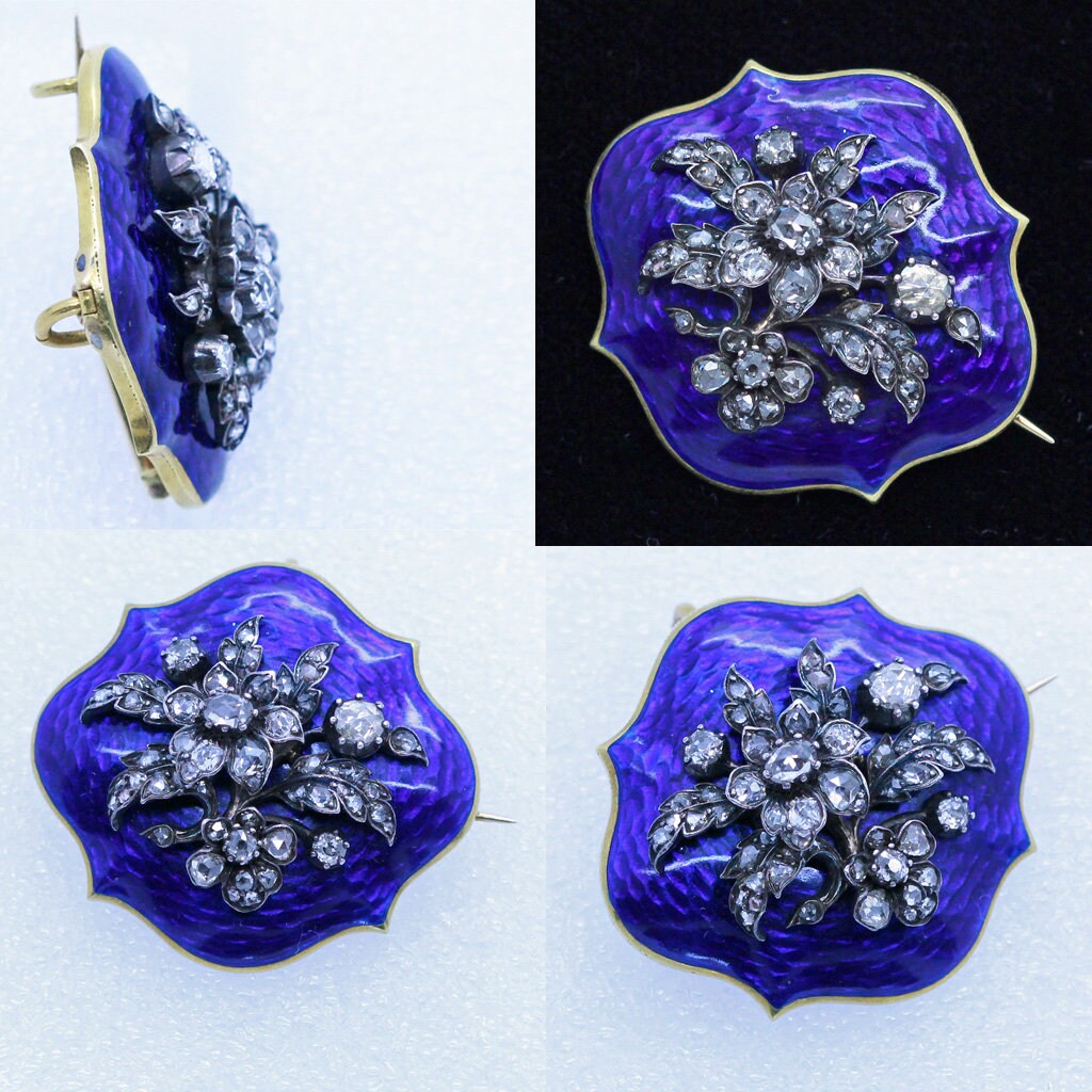 Antique Georgian Victorian Brooch Pendant 18k Gold Diamonds Blue Enamel (6987)
