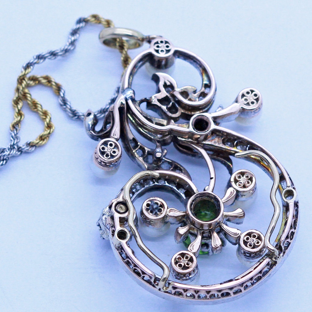 Antique Suffragette Pendant Necklace Gold Plat Diamonds Pearls Peridot (6989)