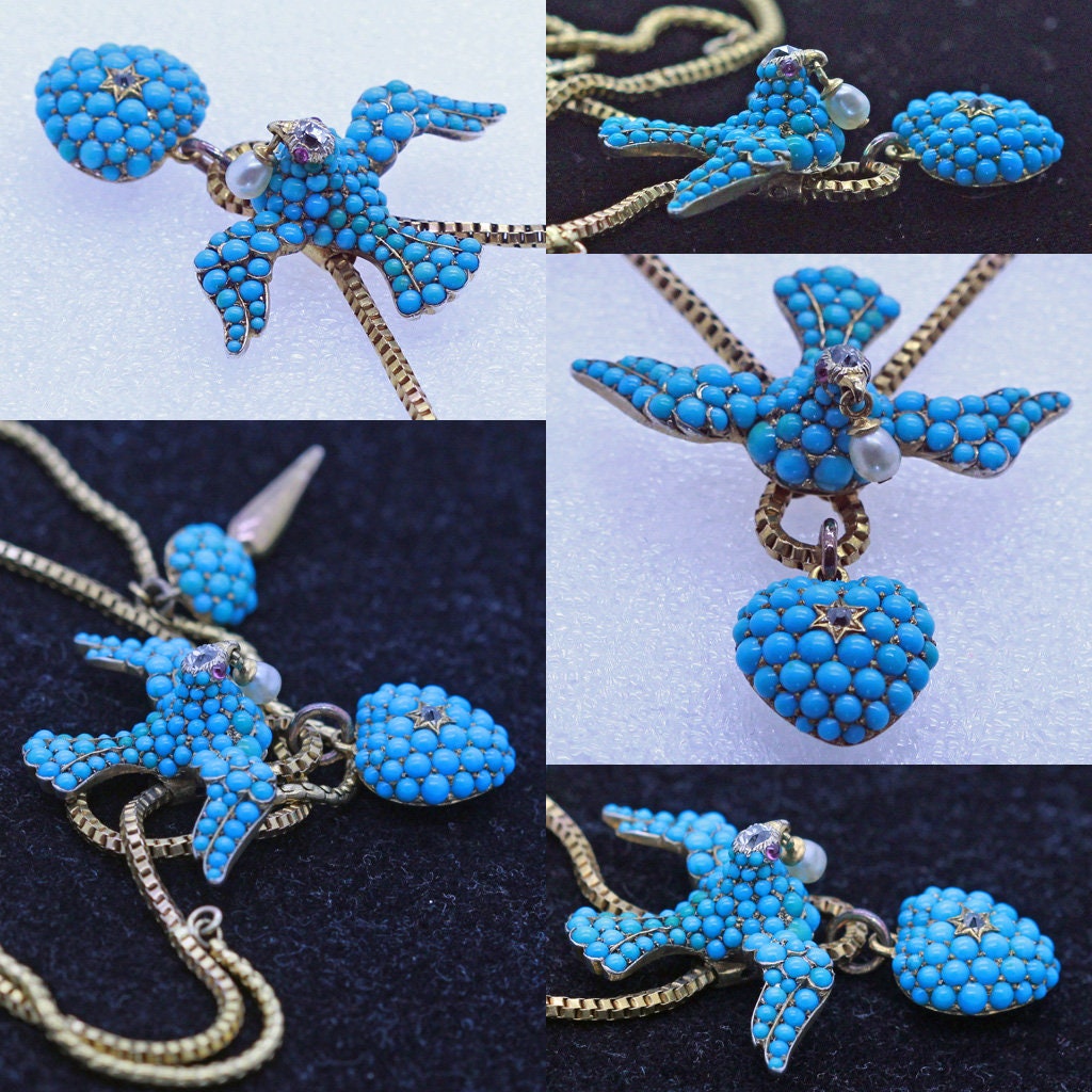 Antique Victorian Necklace Gold Turquoise Diamond Pearl Bird Heart Locket (6990)