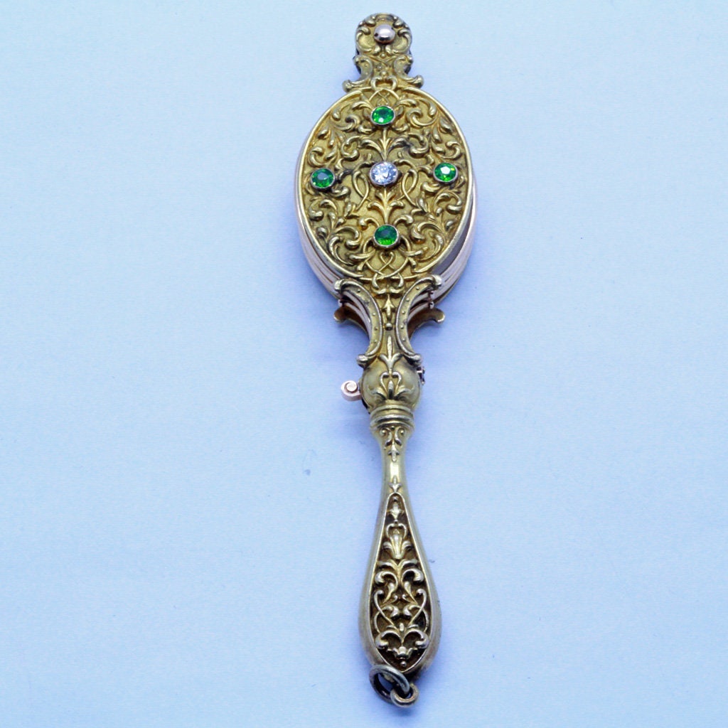 Antique Art Nouveau Lorgnette 14k Gold Demantoid Garnets Diamonds c1900 (6984)