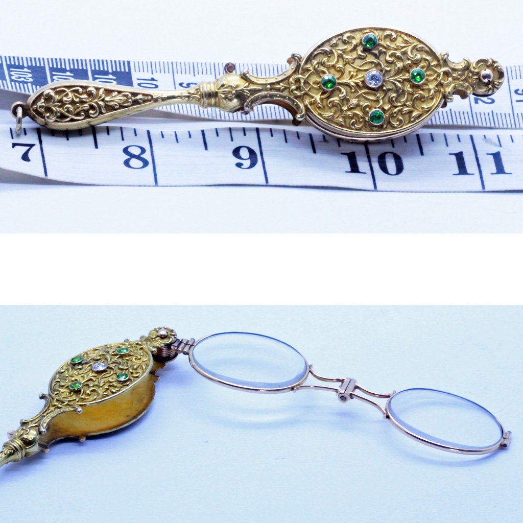 Antique Art Nouveau Lorgnette 14k Gold Demantoid Garnets Diamonds c1900 (6984)