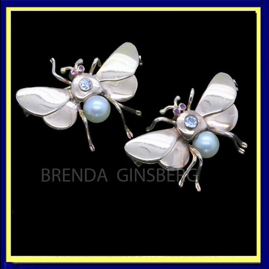 Vintage Retro Pair Butterfly Brooches Gold Diamonds Rubies Pearls Unisex (6999)