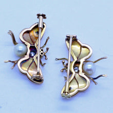Vintage Retro Pair Butterfly Brooches Gold Diamonds Rubies Pearls Unisex (6999)