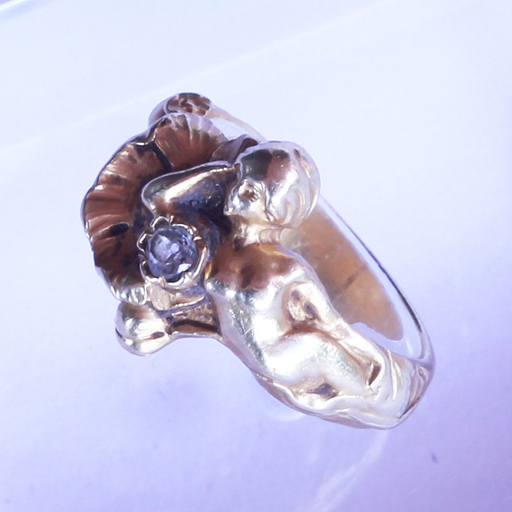 Antique Art Nouveau Ring Figural Reclining Woman 18k Gold Diamond French (6498)