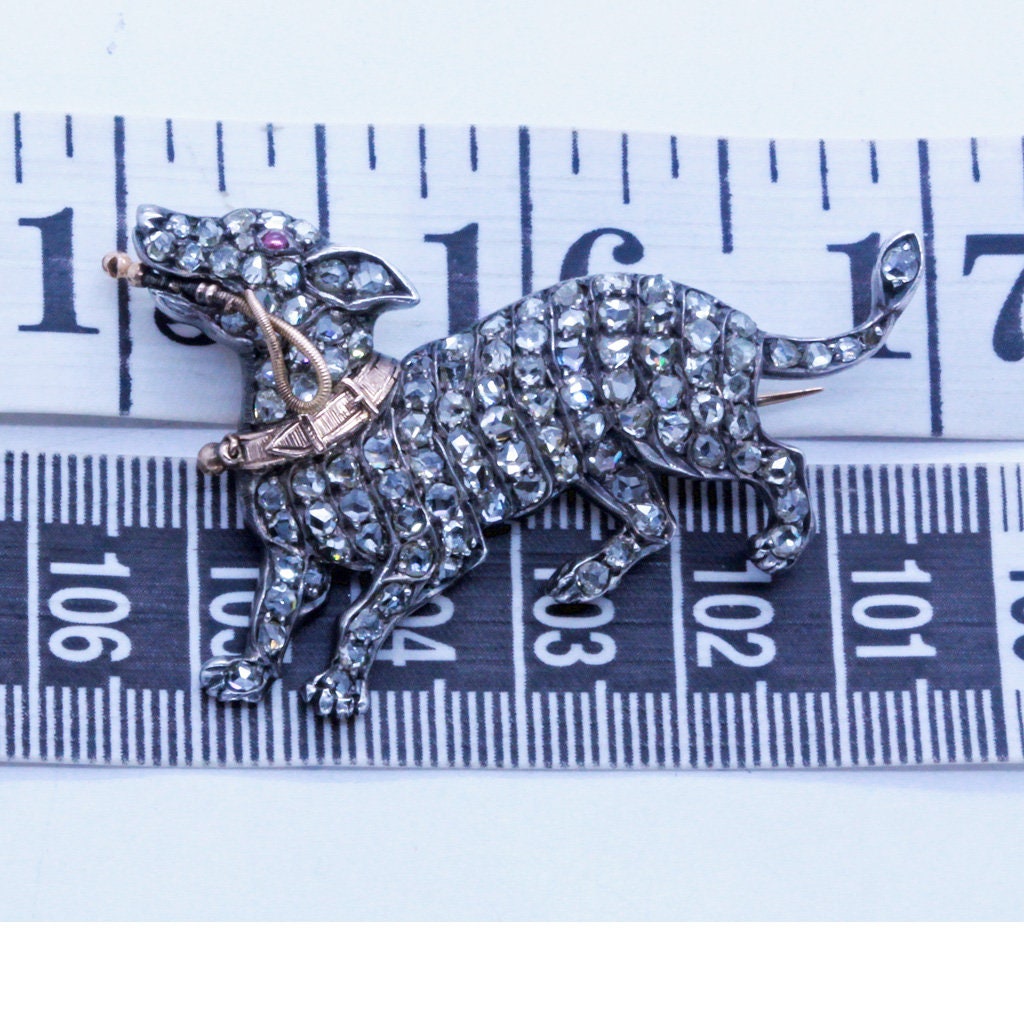 Antique French Dog Brooch Diamonds 18K Gold Silver Ruby Dog at Play (6996)