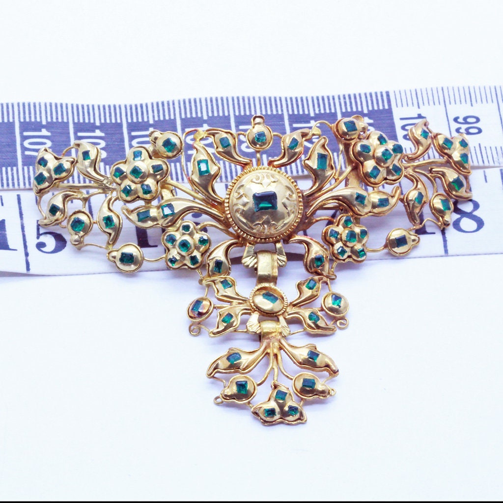 Antique Georgian Earrings Brooch Set Gold Emeralds Detachable Iberian (6997)