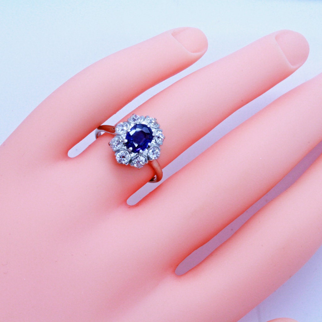 Vintage Ring Natural No Heat Sapphire Diamonds 14k Gold AGL certificate (6998)