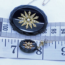 Antique Victorian Earrings Brooch Mourning Set Jewelry Gold Onyx Pearls (6974)