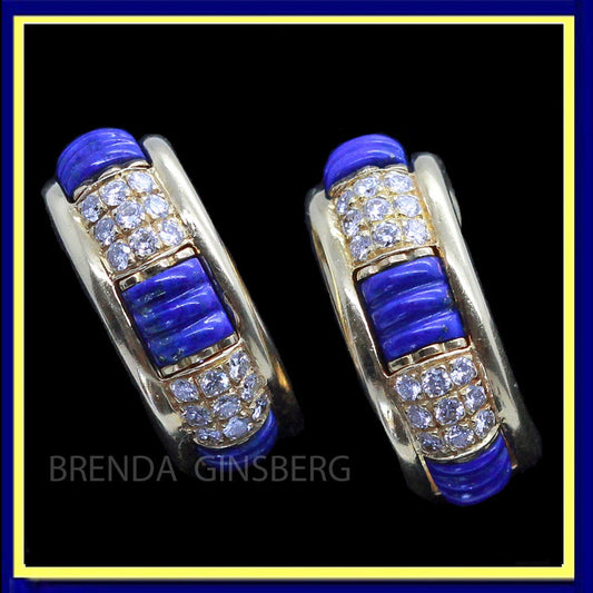 Boucheron Earrings Ear Hoops Gold Diamonds Lapis France Interchangeable (6986)