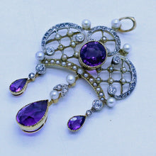 Antique Edwardian Pendant 18k Gold Diamonds Pearls Amethysts English C1900 (6988)