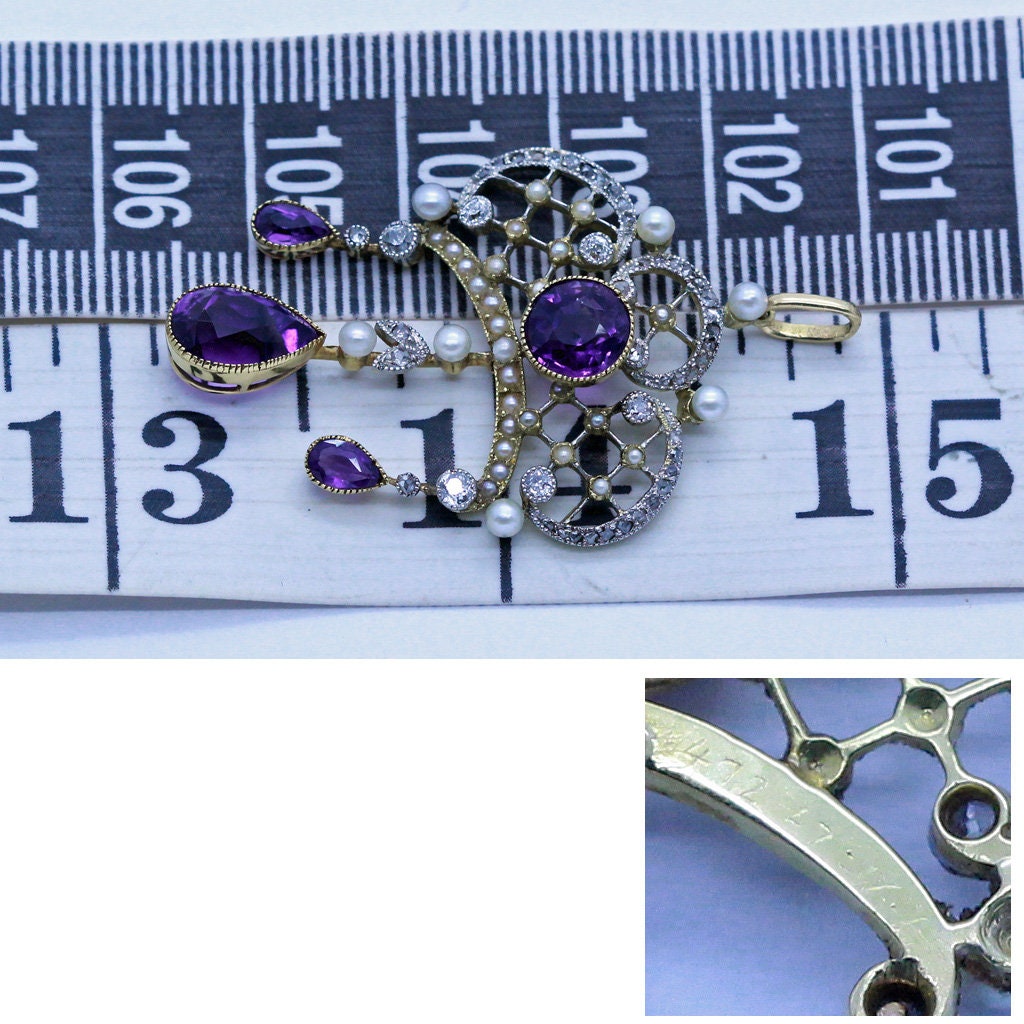 Antique Edwardian Pendant 18k Gold Diamonds Pearls Amethysts English C1900 (6988)