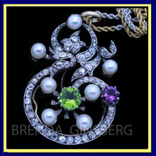 Antique Suffragette Pendant Necklace Gold Plat Diamonds Pearls Peridot (6989)