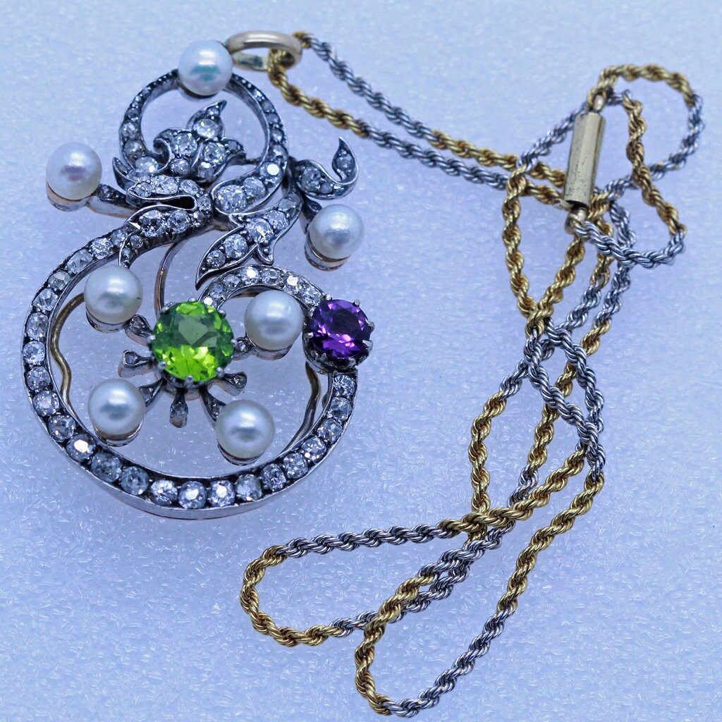 Antique Suffragette Pendant Necklace Gold Plat Diamonds Pearls Peridot (6989)