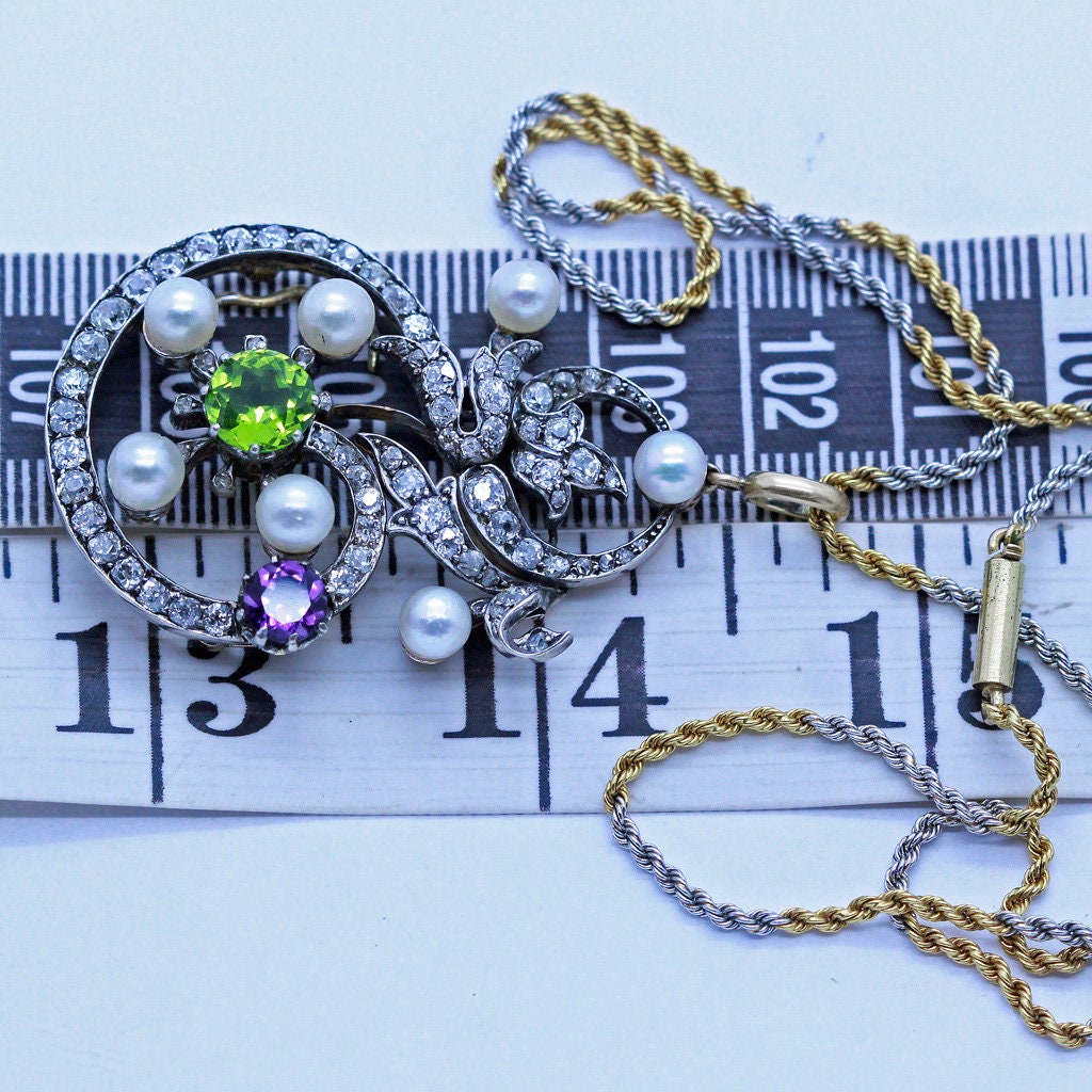 Antique Suffragette Pendant Necklace Gold Plat Diamonds Pearls Peridot (6989)