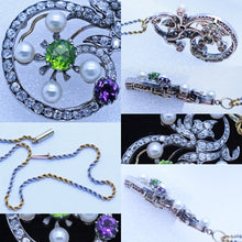 Antique Suffragette Pendant Necklace Gold Plat Diamonds Pearls Peridot (6989)